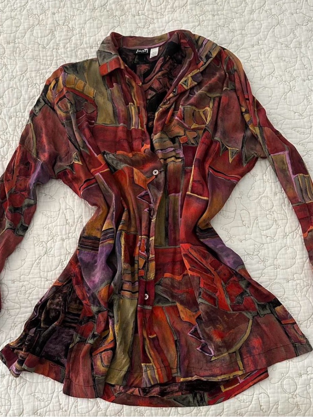 Abstract Watercolor Button-Up Shirt in Red, Olive & Purple